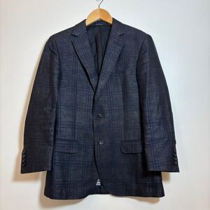 Z Zegna threeDjacket Cotton Linen Sport Coat Blazer 46C Navy Check Drop 8 Plaid